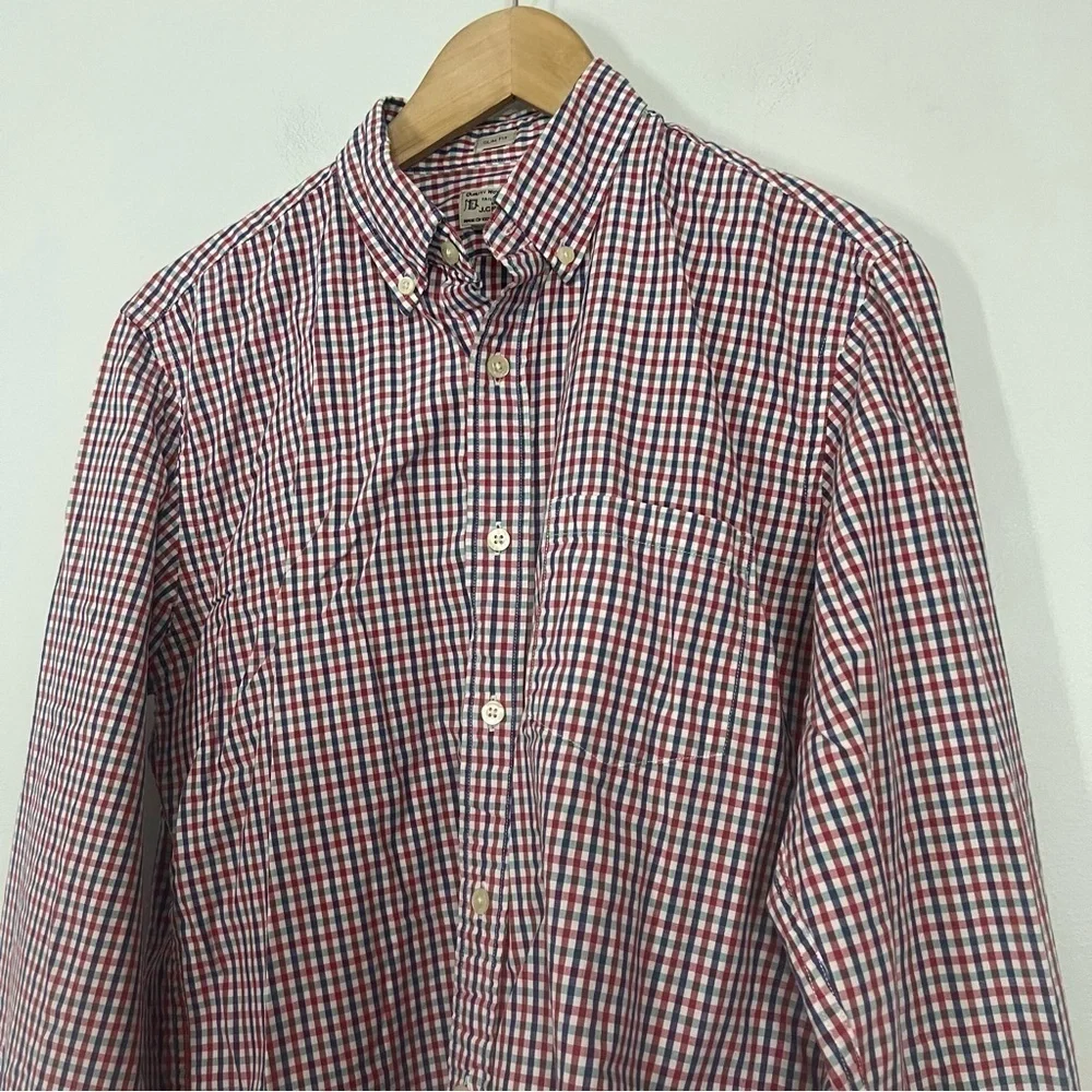 J. Crew Red, White, & Blue Gingham Cotton Slim Button Up Dress Shirt Medium